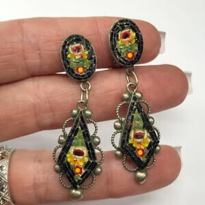 Vintage Italian Floral Micro Mosaic Inlay Clip On Drop Earrings Mourning Jewelry